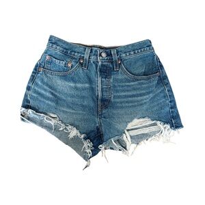 Levi's 501 Button Front Distressed Frayed Raw Hem Jean Shorts Blue Size Waist 26